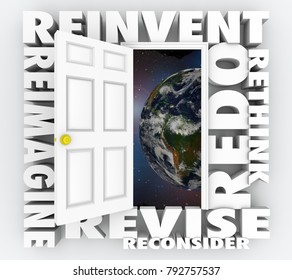 Reinvent The World Rethink Redo Revise Door Words 3d Illustration