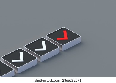 Reject startup project. Red check mark on button. Unsuccessful check. Unacceptable offer. Contract cancellation. Cancel action. Deny agreement. Mistakes made. Banned document. 3d render