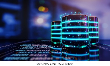 Relational database tables on databases are placed on Structured Query Language code with server room background. Concept of Database server, SQL, Database diagram design. 3D render.
