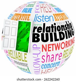 Relationship Building Words On A Ball Or Sphere To Illustrate Networking And Meeting New People In Job, Career, Life Or Organizations