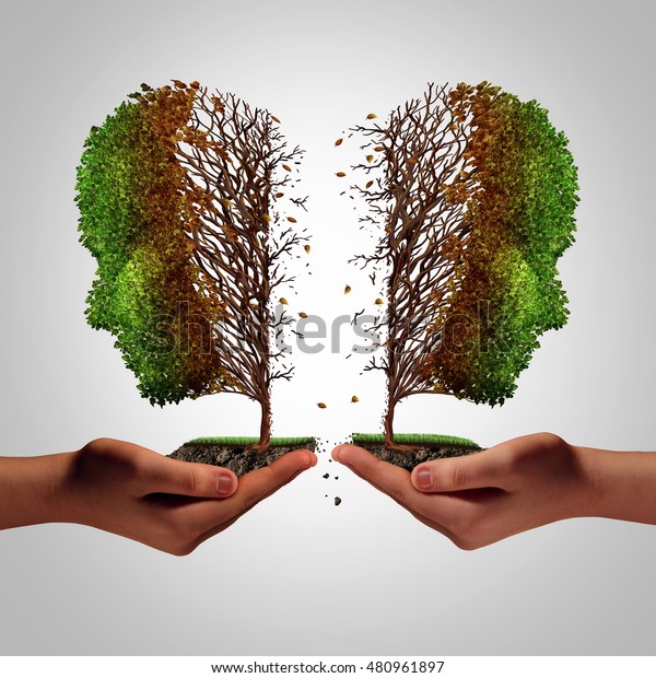Relationship failure as a breakup concept and a\
damaging separation and divorce psychology idea as a divided sick\
tree shaped as two hurting people held by human hands with 3D\
illustration\
elements.
