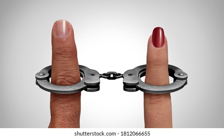 Relationship trap and divorce concept or trapped lovers and marriage issues or dating  handcuffs with 3D illustration elements.