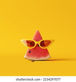 Relax on holiday. Creative watermelon with sunglasses on yellow background. 3d rendering