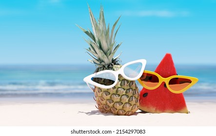 Relax on holiday. Pineapple and watermelon with sunglasses on the beach background. 3d rendering