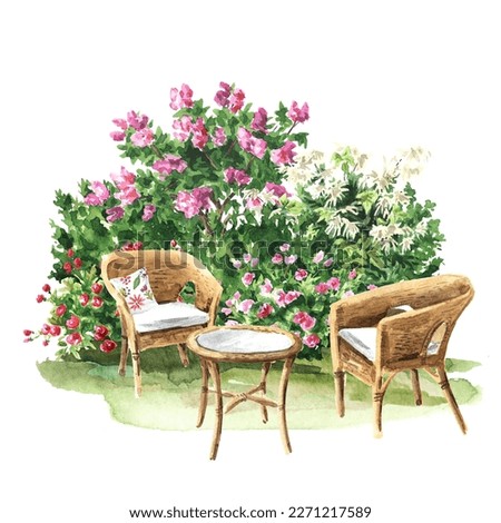 Relax zone in a cozy blooming garden. Wicker furniture chairs and a table. Hand drawn watercolor illustration, isolated  on white background