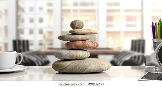 Relaxation at the office. Zen stones stack on an office desk. 3d illustration