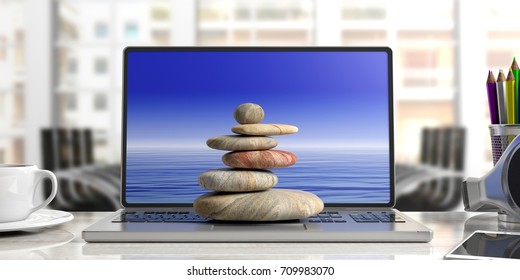 Relaxation At The Office. Zen Stones Stack On A Computer. 3d Illustration