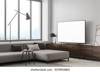 Relaxing Guest Room Interior With Grey Couch, Side View, Panoramic Window With Countryside, Parquet Floor In White Apartment. Copy Space Blank Tv Display On A Commode With Lamp. 3D Rendering