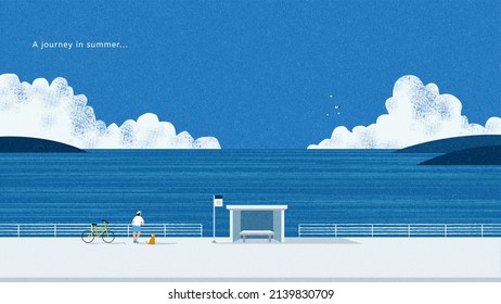 Relaxing Hand Drawn PC Wallpaper Design. Alone Traveler Enjoys A Journey To Summer Seashore.