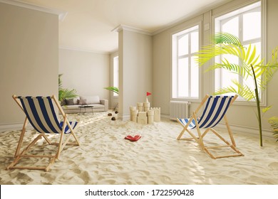 Relaxing in quarantine with the beach and deck chair in the living room at home (3D Rendering) - Powered by Shutterstock