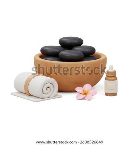 Relaxing spa setting features smooth stones, rolled towel, frangipani flower and oil bottle Perfect for relaxation and wellness concepts.