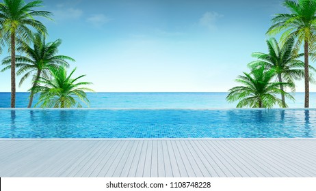 Relaxing summer beach , Sunbathing deck and private swimming pool with Palm trees near beach and panoramic sea view at luxury house /3d rendering