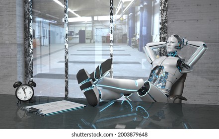 Relaxing White Robot In The Break Room. 3d Illustration.