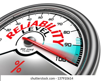reliability level conceptual meter indicate hundred per cent, isolated on white background