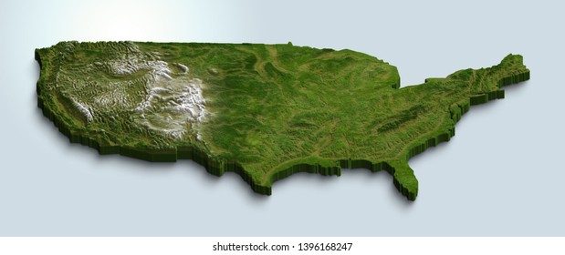 Relief map of USA with 3D effect. Isometric map of country. Clipped at border. CGI map of digital elevation model.