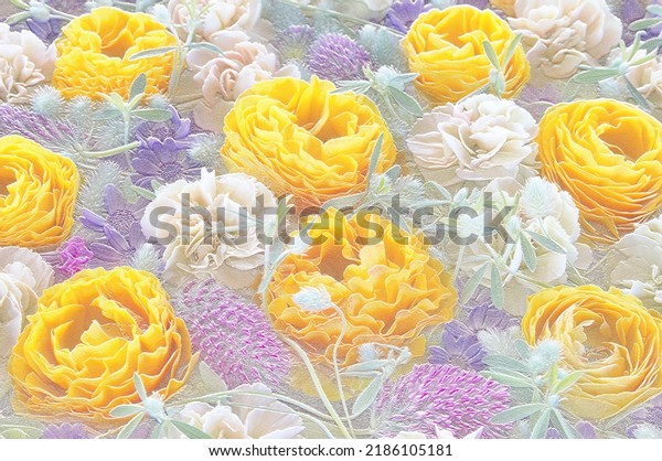 Relief of white, yellow and purple flowers. Ceramic plate style 