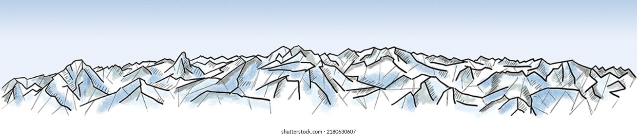 Reliefs  mountain range  stylized line drawing  Silhouette mountains   rock formations  Brushstrokes  snow  capped mountains  climate   temperature changes  melting glaciers 