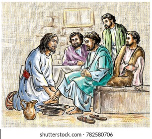 Religion, bible,Chistianity concept. Jesus Christ and the 12 Apostles. Jesus washing his feet to his disciples. The picture is painted on a background of fabric.