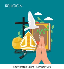 Religion flat style design illustration. Holy Bible, dove, praying hands, christian catholic miter, cross, holy rosary beads. Christianity, religious christian symbols for web banner, webpage. - Powered by Shutterstock