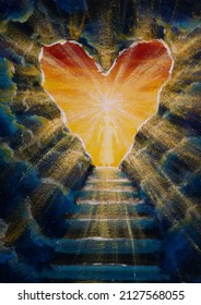 Religion Painting Stairway To Heaven. Stairs In Sky. Concept With Sun Rays. Religion Background. Live Heart Shaped Sky At Sunset. Love Background.