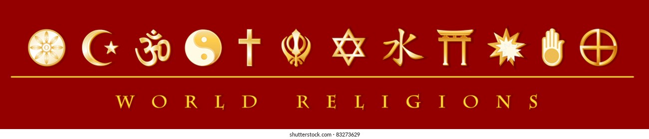 Religions Banner. Gold icons of 12 world religions on red: Buddhism, Islam, Hindu, Taoism, Christianity, Sikh, Judaism, Confucianism, Shinto, Bahai, Jain, Native American Spirituality.