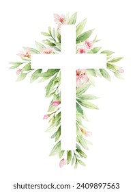 Cruz religiosa con vegetación y flores. Símbolo católico de Pascua. Ilustración para la Epifanía, la Cristiandad, el bautismo, las tarjetas, el papel, las invitaciones.