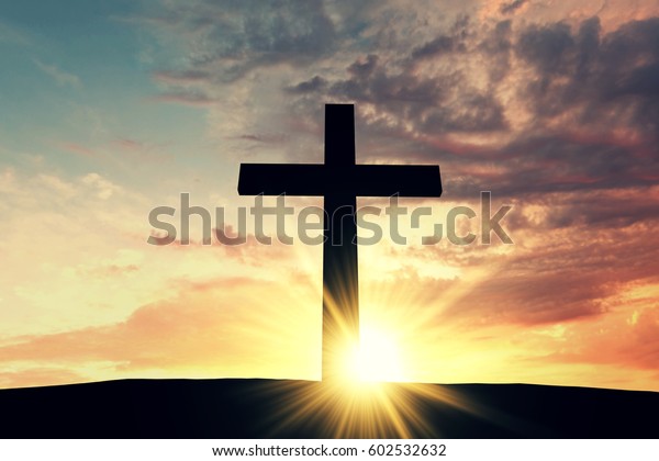 Religious Cross Silhouette Against Bight Sunrise Stock Illustration ...