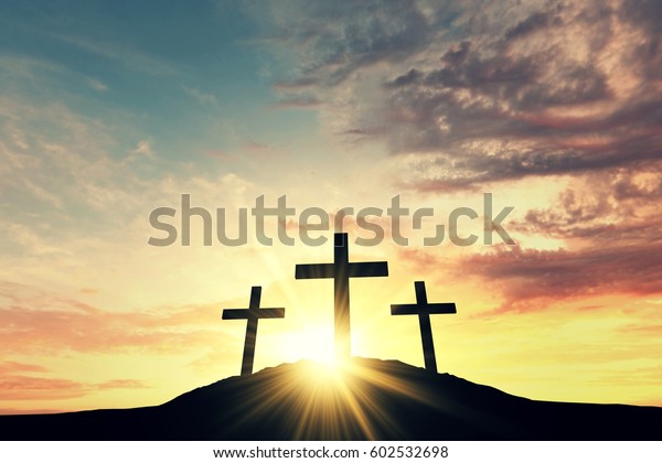 Religious Cross Silhouette Against Bight Sunrise Stock Illustration ...