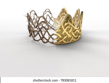 A religious crucifixion concept of a split between a golden crown and a woven thorn crown on an isolated black studio background - 3D render