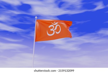Religious Hindu Om Aum Flag during Daylight and beautiful sky - 3D Illustration