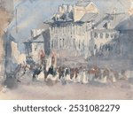 A Religious Procession (1829-1832) architecture watercolor art by David Cox.  Architecture illustration. Vintage exterior architecture art drawing illustration, old architecture painting art print.