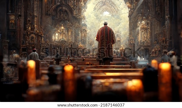 Religious\
service at a mystical Cathedral,\
illustration