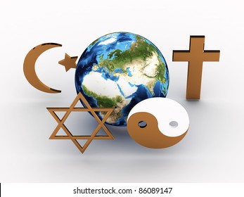 Religious symbols of our planet. 3D image