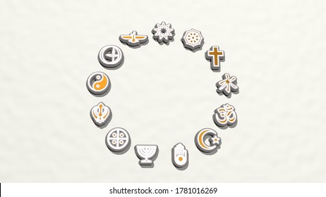 Religious Symbols Together On The Wall. 3D Illustration Of Metallic Sculpture Over A White Background With Mild Texture. Church And Architecture