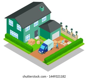 Relocation concept banner. Isometric banner of relocation concept for web, giftcard and postcard