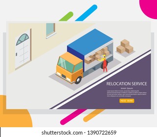 Relocation service web banner design template. isometric truck and worker unloading cardboard boxes. Concept of moving or relocation.