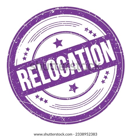 RELOCATION text on violet indigo round grungy texture stamp.