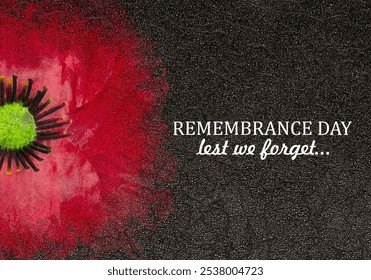 The remembrance poppy - poppy appeal. Poppy flower on black textured background. Remembrance Day, Memorial Day, Anzac Day in New Zealand, Australia, Canada and Great Britain - Powered by Shutterstock