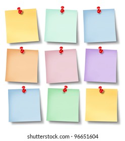 Reminder Office Notes With Six Blank Paper Memos On A White Background Wall Pinned With A Red Thumb Tack As A Symbol Of Business Communication And Sending Messages To Employees.