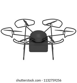 Remote control air drone. Dron flying with cargo box. 3d render isolated on white