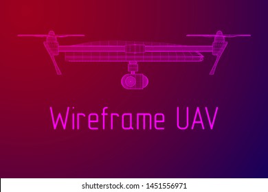 Remote control air drone. Dron flying with action video camera. Wireframe low poly mesh 3d render illustration