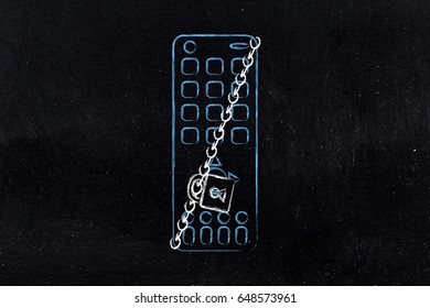 Remote Control With Lock And Chain, Concept Of Unavailable Video Content Or Lack Of Spare Time For Watching