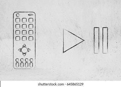 Remote Controller Next To Pase And Play Icons, Concept Of Catch Up Tv Services