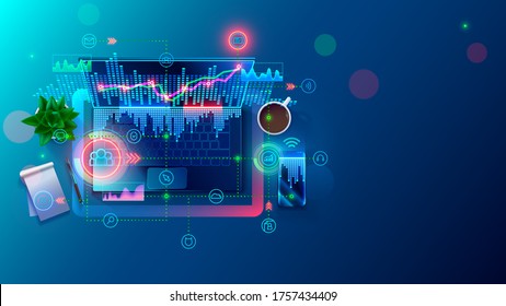 Remote employee's laptop is on table and communicates with online office. Work at home. Distance collaboration with team, clients via computer network. technology Business communication services. - Powered by Shutterstock