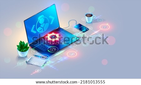 Remote Support online. Remotely access and control of computer or laptop via web internet connection. System administrator helps of user. Chat of technician support. Computer technology. 3D rendering.