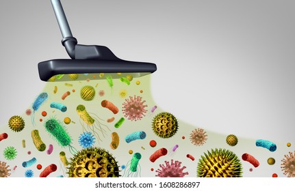 Removing Germs And Pollen As Airborne Microbes And Particles As Bacteria Virus And Dust Representing Cleaning Dirty Indoor Air Hygiene As A 3D Illustration.