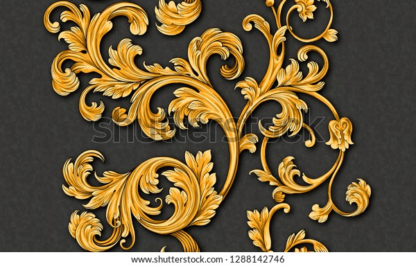 ルネサンス期のモノグラム花柄の模様 壁紙バロック ダマスク シームレスな背景に金と黒の装飾 のイラスト素材