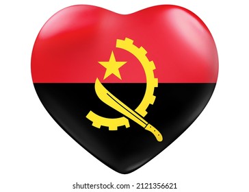 Render 3D Of The Flag Of Angola As Shape Heart.  Image, RGB, Jpg. Perfect For Printing On T-shirts, Posters, Wall Murals, Wall Murals, Cups, Glasses, Sun Loungers, Banners, Roll-ups.