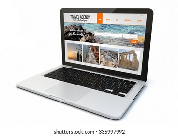 render of a 3d generated computer with travel agency website on screen. Screen graphics are made up.
