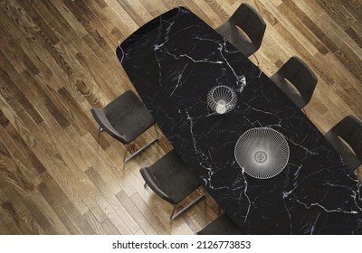 Render 3d Kitchen With Marble Table. Aerial View. Black Marble Table And Chairs. Parquet Floor. Decorative Elements On The Table